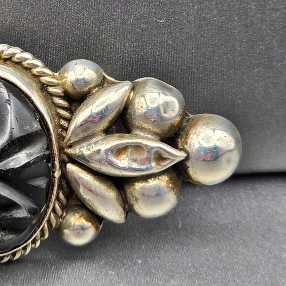 VTG Sterling Silver Black Onyx Brooch 2" Carved Face Mexico Tribal Style 7.65g - Picture 3 of 12